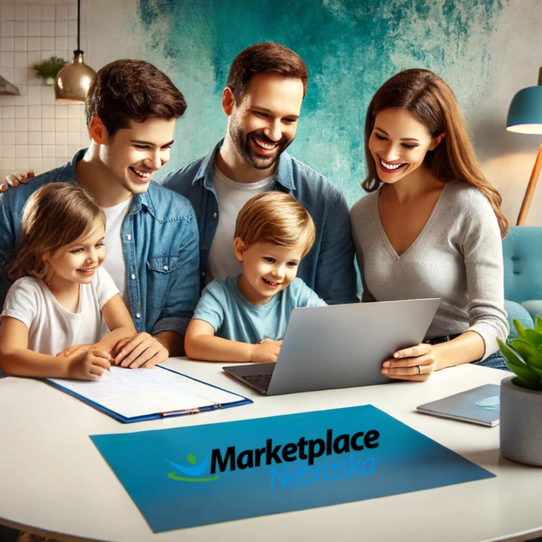 A family viewing health insurance plans with Marketplace Nebraska on a laptop