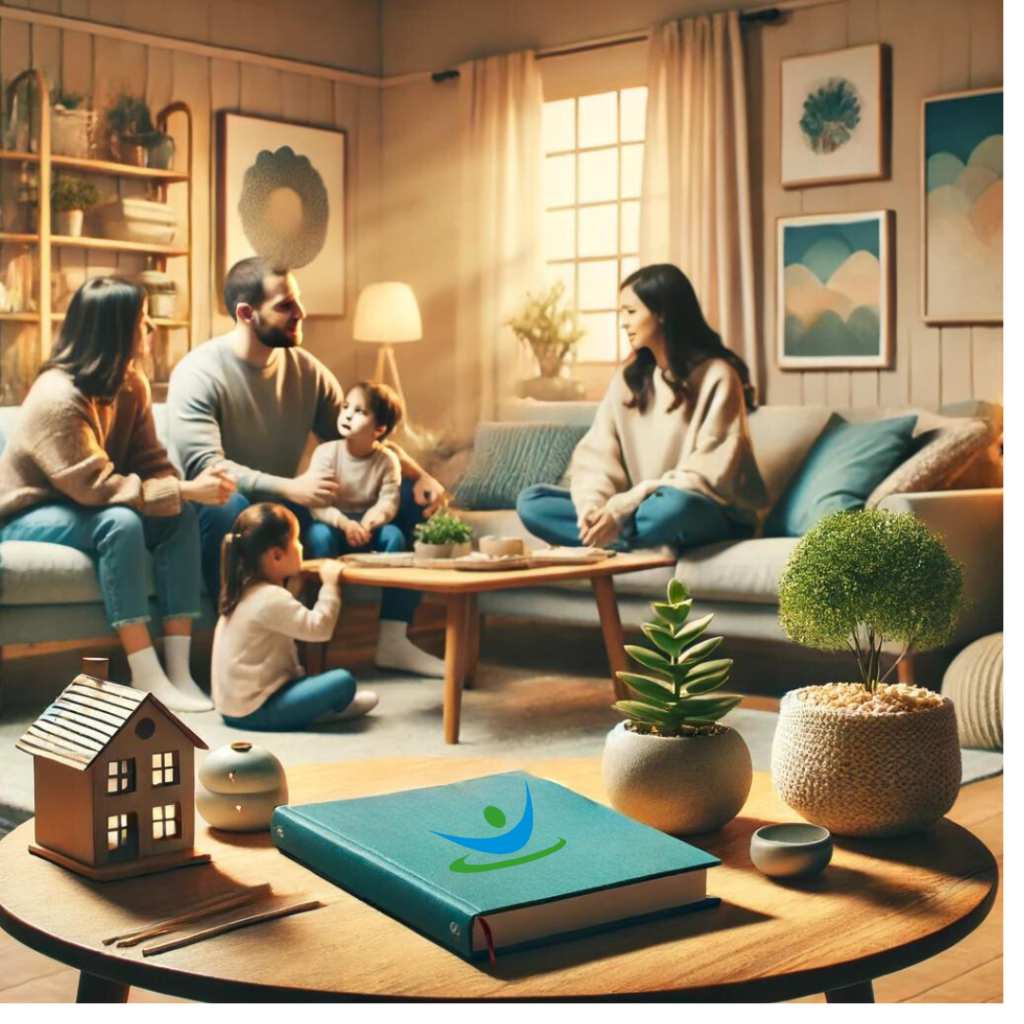 A family having a discussion around a table with a Marketplace Nebraska book on it