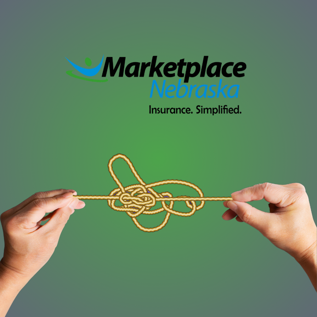 untying a string knot with the marketplace nebraska logo above